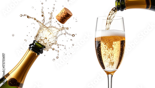 Bottle with Cork and Pouring Glass Isolated on White Background