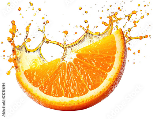 Vivid image of an orange slice creating a dynamic splash of juice