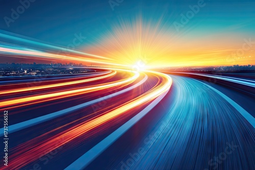 Light trails streak toward bright horizon, abstract movement