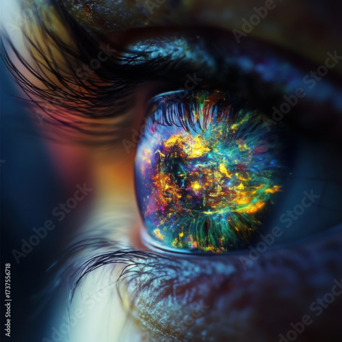Close up of eye reflecting vivid imaginary worlds, colorful and mesmerizing