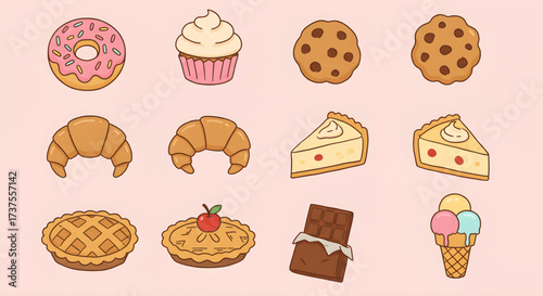 A delightful collection of sweet baked goods and desserts arranged in a grid on a soft pink background.
