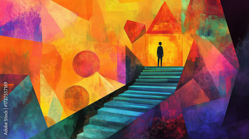 Person stands on stairs in vibrant abstract geometric landscape