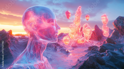 Neon landscape with glowing emotions in surreal setting