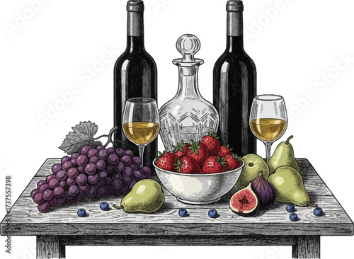 Still life with wine bottle glass grapes and cheese on vine with basket of fruit
