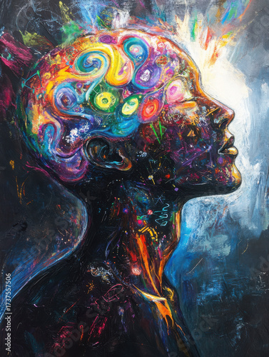 Colorful abstract portrait of figure with vibrant patterns and transparent skin