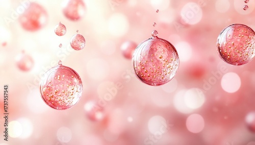 Floating pink liquid bubbles with gold particles on bokeh