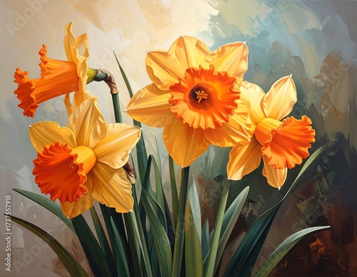 Close-up of Orange and Yellow Daffodils.