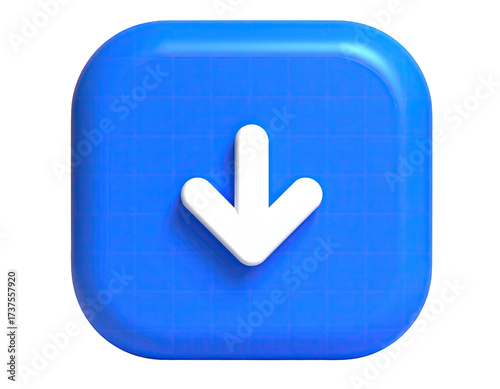 3D rendered blue square button with rounded edges and a white downward arrow