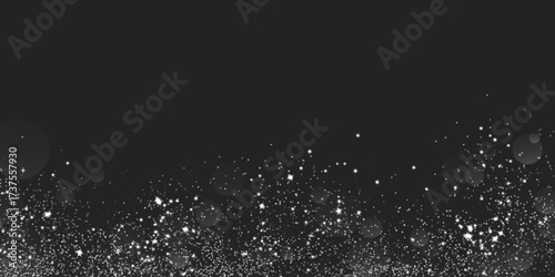 Black frame with silver glitter and shimmer border for elegant invitations or luxury card designs. Sparkling stardust particles and light effects under dark center space. Premium background template.