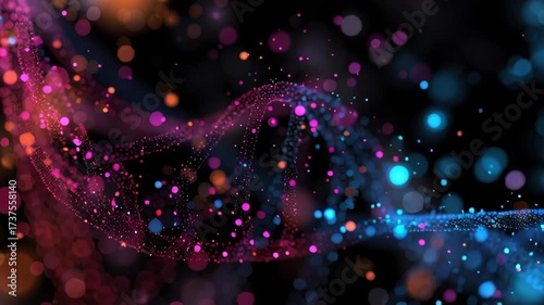 Colorful DNA strands form vibrant database system, showcasing dynamic light and mesmerizing particles in beautiful display of complexity