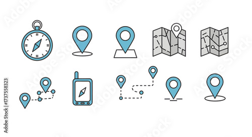 Collection of navigation and location icons for travel and mapping applications.