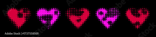 Pink and purple heart symbols with halftone dot gradient for valentine design. Neon love shapes with pixelated edges effects. Digital retro romance icons for social media or party decorations.