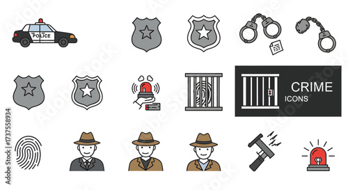 Crime and Law Enforcement Icons - Police Car, Badges, Handcuffs, Jail, Detective.