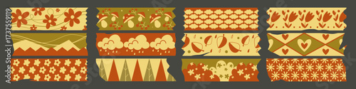 Decorative washi tape autumn set with seasonal patterns of flowers, leaves and geometric design. Adhesive strips with harvest motifs, clouds, and botanical elements for fall craft and scrapbook
