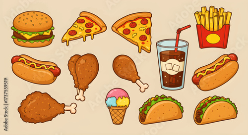 Delicious fast food collection including burger pizza fries hotdog chicken tacos and ice cream.