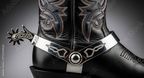 Detailed close-up of a black leather cowboy boot with a silver spur and decorative strap.