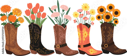 Cowboy boots with flowers, rustic country decor illustration, western style floral arrangement, farmhouse decoration, vintage cowgirl boot vector art design