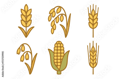 Set of stylized cereal grains and corn icons for agriculture and food design