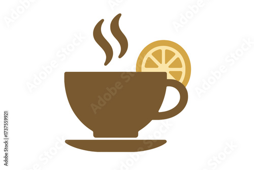 Steaming cup of hot tea or coffee with a fresh lemon slice on a saucer