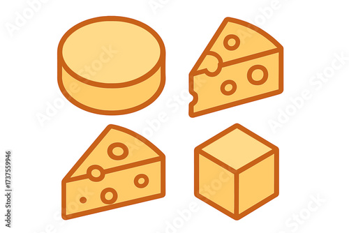 Various types of yellow cheese in different shapes displayed together on a plain background