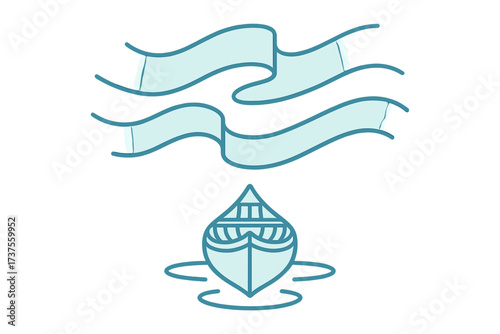 Minimalist boat icon on water with flowing wavy lines symbolizing motion and aquatic travel