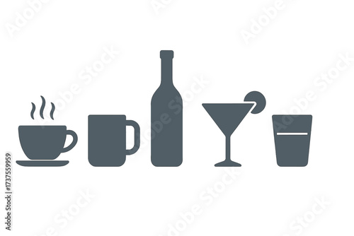 Diverse collection of beverage icons including coffee, mug, bottle, cocktail, and glass