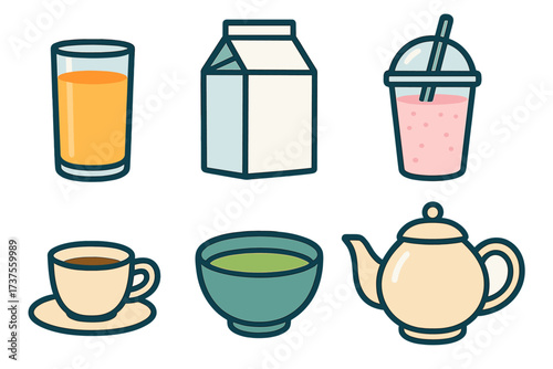 Assortment of popular beverages and drink containers including juice, milk, and tea