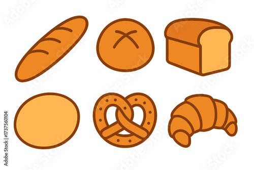 Various types of bread and baked goods displayed on a white background in simple illustrations