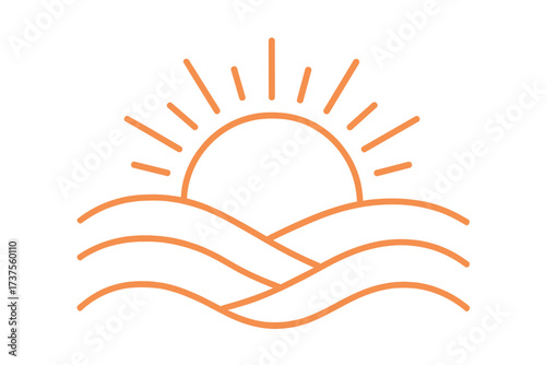 Minimalist linear graphic of a bright sun rising over abstract rolling waves