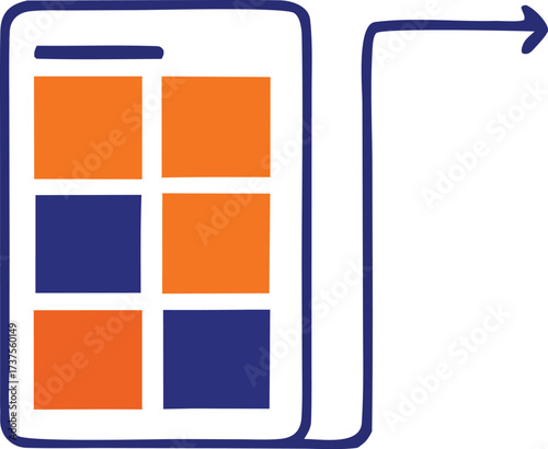 Digital device screen showing content grid layout with navigation arrow indicating forward movement or next step in process