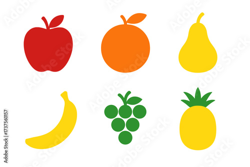 Collection of vibrant minimalist fruit icons including apple orange pear banana grapes pineapple
