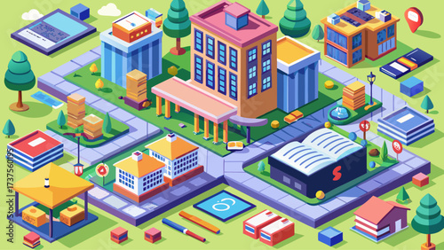 An isometric school campus featuring classrooms, bookshelves, blackboards, library rooms, university building, academic facilities, study materials, learning environment, digital training tools, 