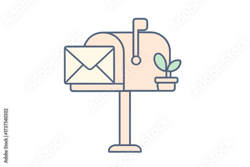 Bright mailbox with envelope and plant during daytime in a peaceful neighborhood setting