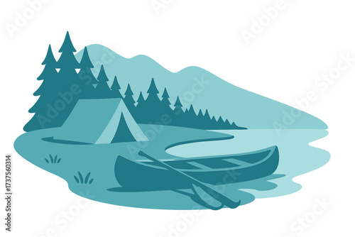 Camping by the lake with a canoe and tent surrounded by tall trees and mountains on a peaceful day
