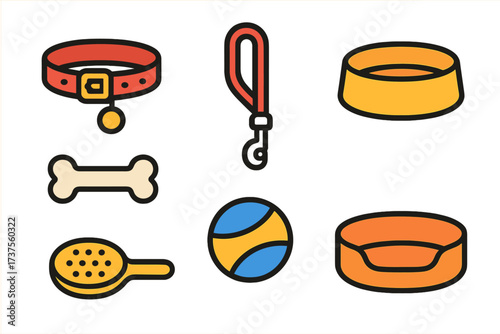 Essential dog care accessories and playful items including collar, leash, bowl, and toys
