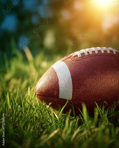 Professional American Football Ball on Lush Green Grass with Golden Sunlight