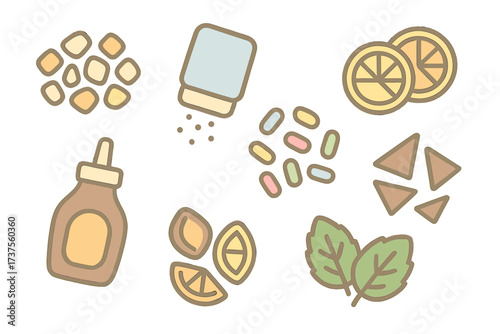 Assortment of various food ingredients, condiments, and snack items for cooking and meals