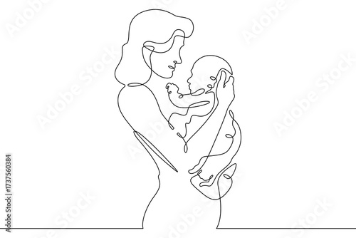 Continuous one line drawing Mother and child. A woman holding a newborn baby. Motherhood. Line art.One continuous line isolated illustration.Not AI.