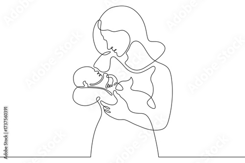 Continuous one line drawing Mother and child. A woman holding a newborn baby. Motherhood. Line art.One continuous line isolated illustration.Not AI.