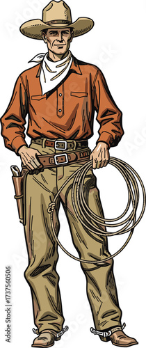 Cowboy holding lasso rope, western rancher character in hat, boots, bandana, vintage wild west illustration, rodeo horseman, American frontier culture