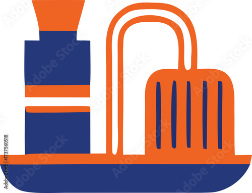 Abstract industrial equipment depicting a process of flowing materials with orange and blue tones on a white canvas