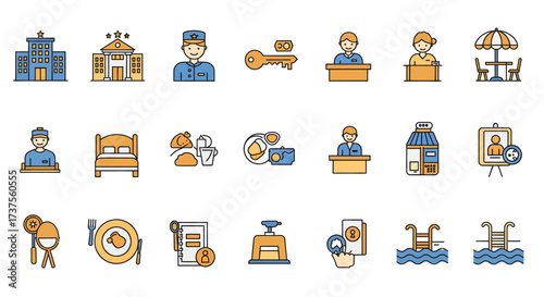 Hotel and travel related icons representing various services and amenities.