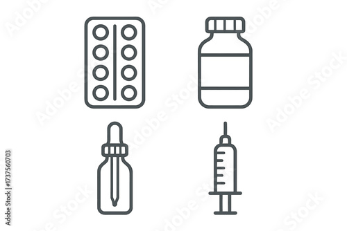 Essential medical supplies blister pack medicine bottle dropper syringe