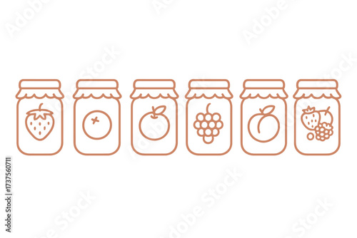 Minimalist fruit jams and preserves in glass jars with various fruits like strawberry, orange, apple, grape, peach