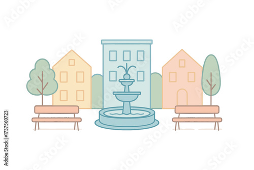Charming urban park square with a central fountain, benches, and residential buildings