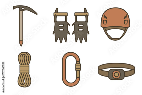 Essential mountaineering and rock climbing equipment set for outdoor adventure
