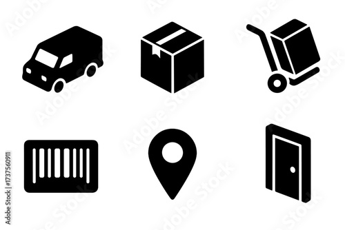 Various delivery and logistics icons representing transportation, packaging, and location services