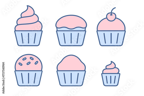 Group of sweet cupcakes with pink frosting and blue wrappers in various styles