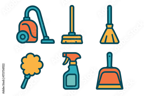 Collection of essential household cleaning tools and equipment for domestic chores