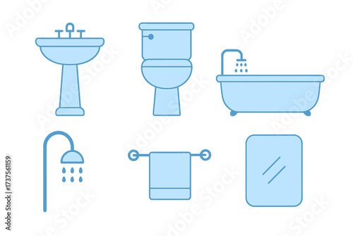 Collection of essential bathroom fixtures and accessories icons in light blue